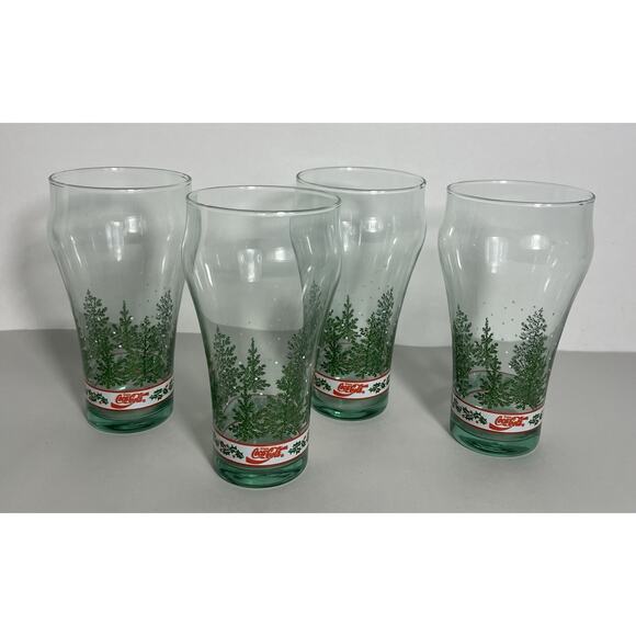 Vintage Coca Cola Holly and Pine Tree Set of 4 Libbey 6” Tumblers/Glasses - Picture 4 of 6